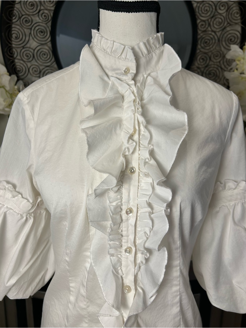 bebe White Ruffled Puff-Sleeve Button Down Shirt - Picture 2 of 9